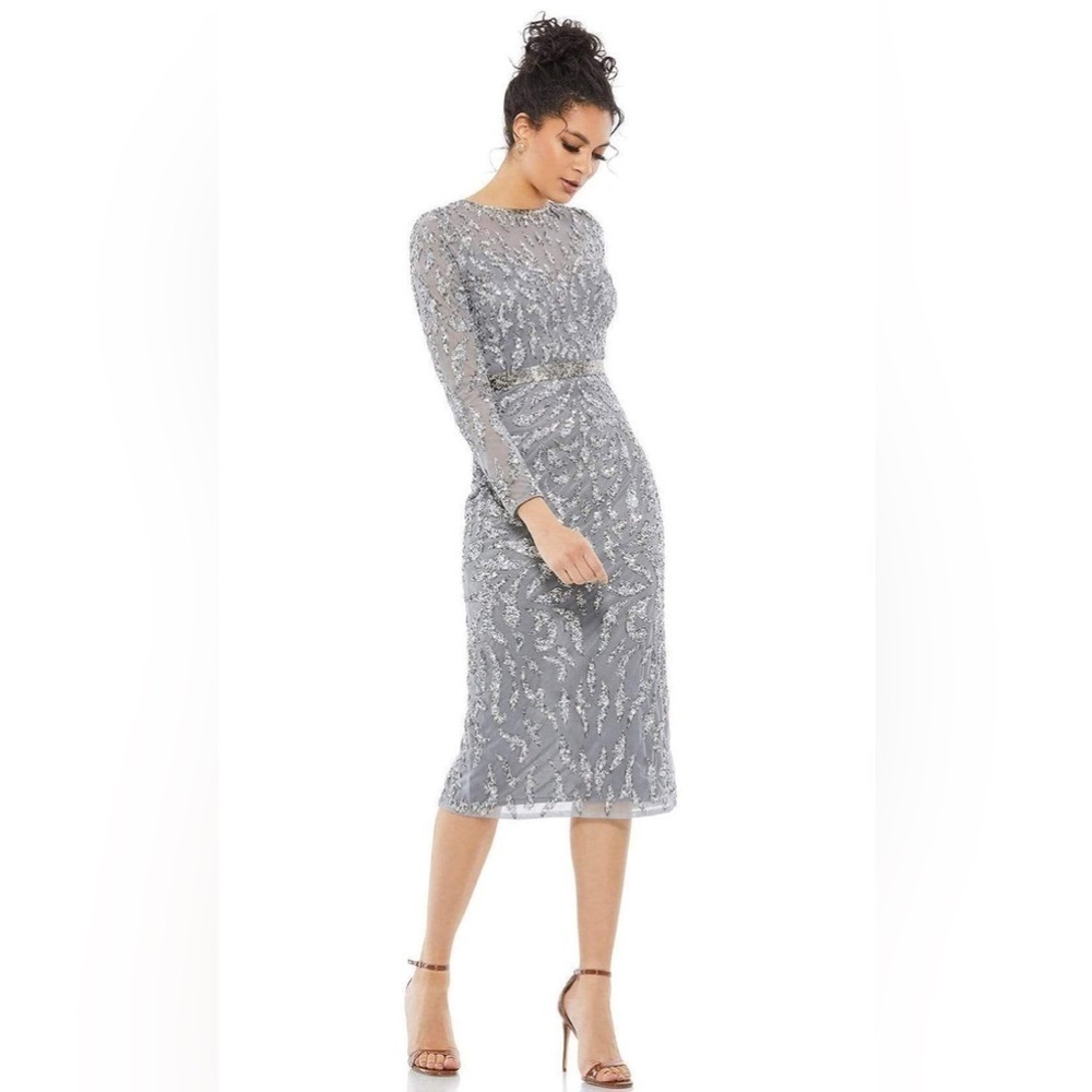 NWOT Mac Duggal Long Sleeve beaded sequins sheath midi cocktail dress size 10